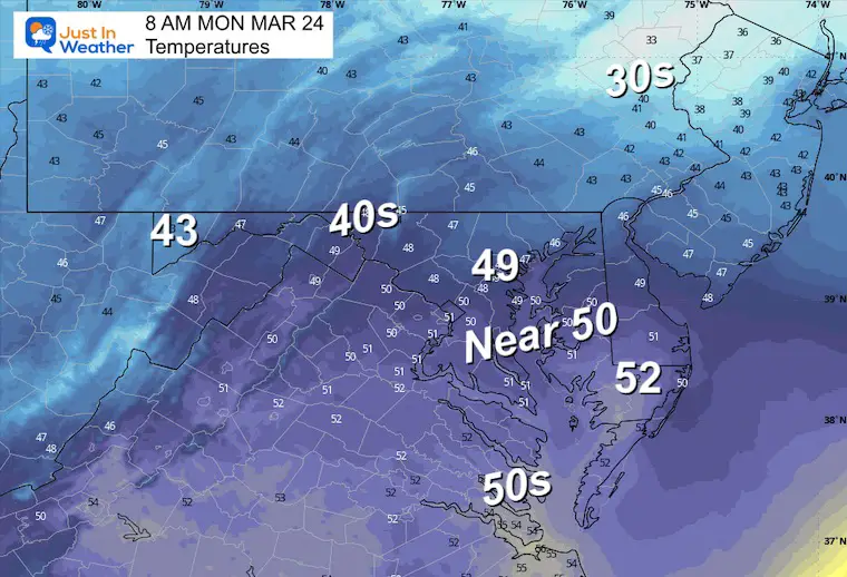 March 23 weather temperatures Monday morning