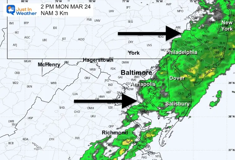 March 24 weather forecast rain Monday 2 PM