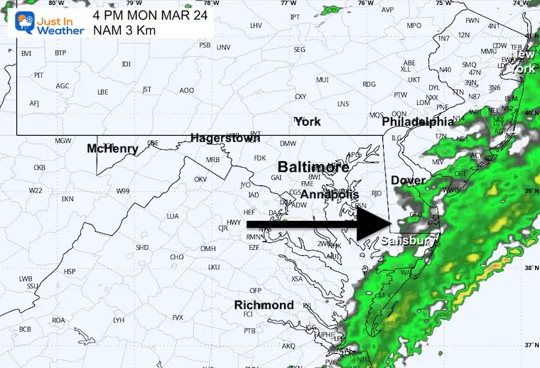 March 24 weather forecast rain Monday 4 PM