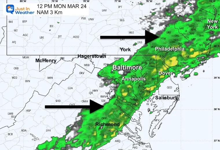 March 24 weather forecast rain Monday noon