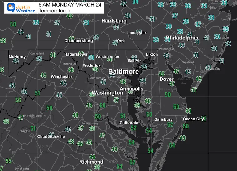 March 24 weather temperatures Monday morning