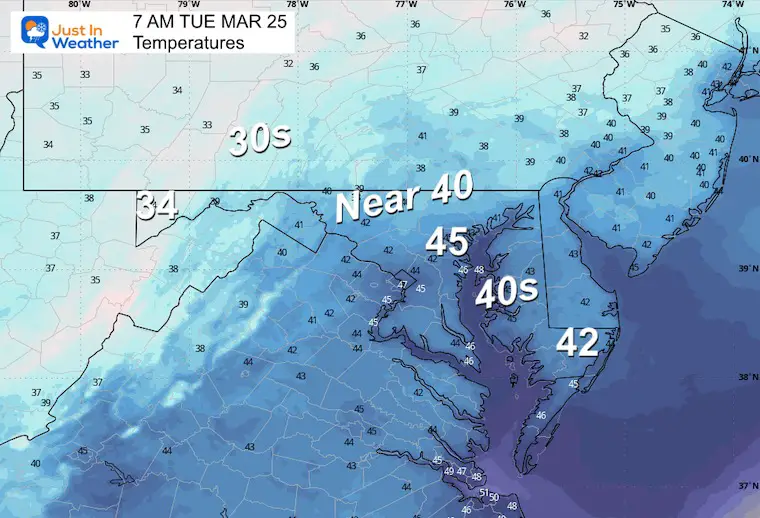 March 24 weather forecast temperatures Tuesday morning