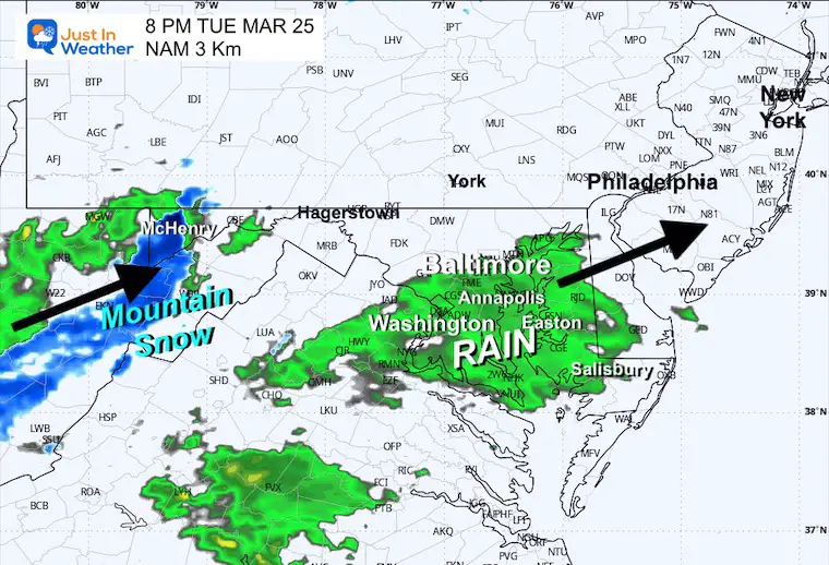 March 25 weather radar rain snow Tuesday night