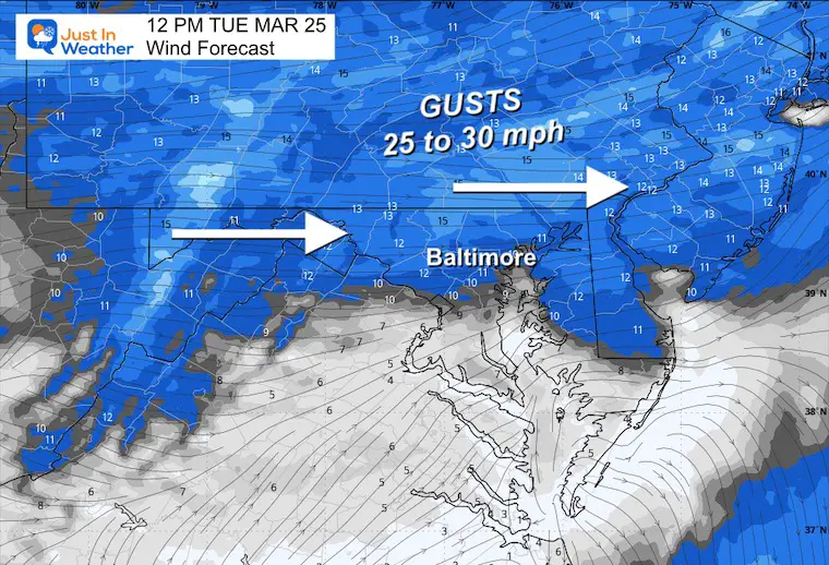 March 25 weather wind forecast Tuesday afternoon