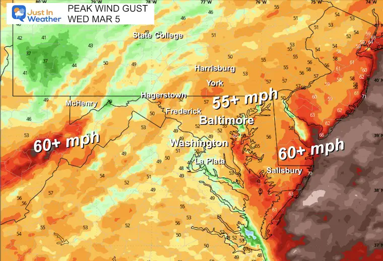 March 5 peak wind gust Wednesday