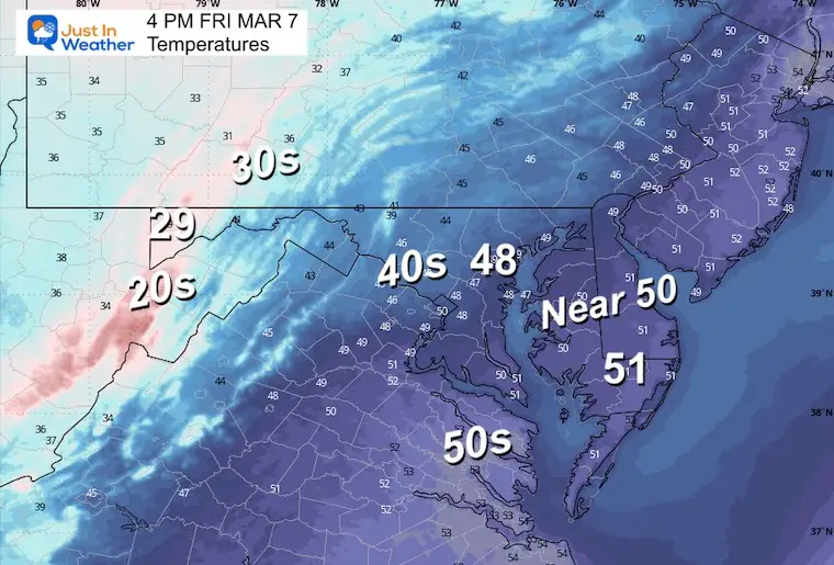 March 6 weather forecast temperature Friday afternoon