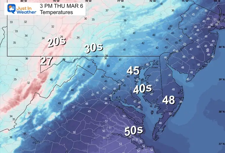 March 6 weather forecast temperatures Thursday afternoon