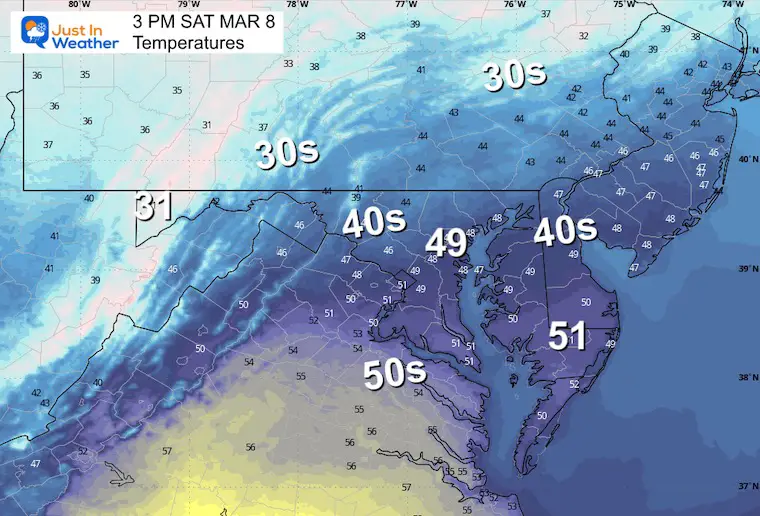 March 8 weather temperatures Saturday afternoon