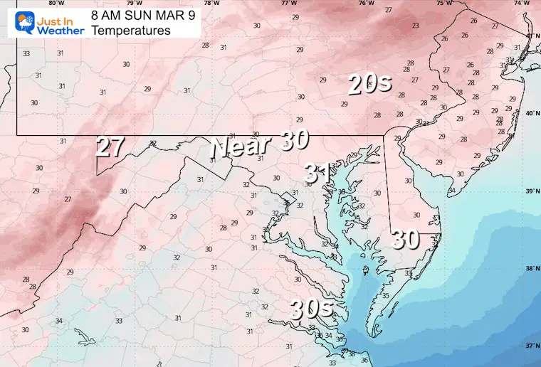 March 8 weather temperatures Sunday morning