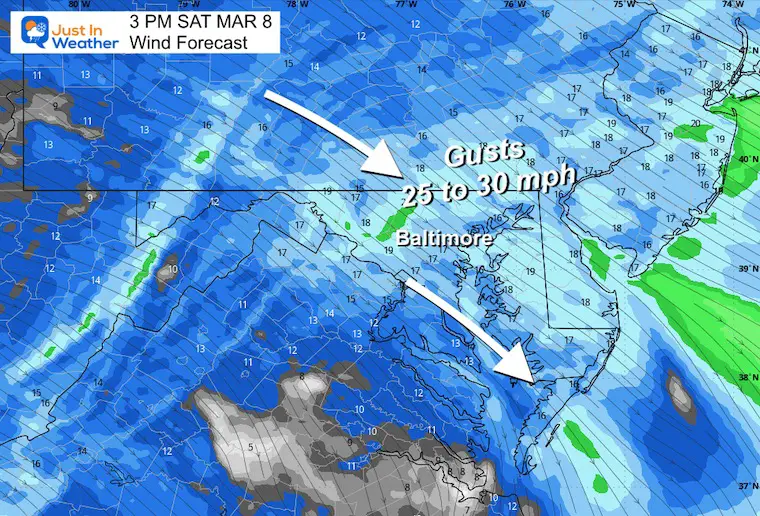 March 8 weather forecast wind gusts Saturday afternoon