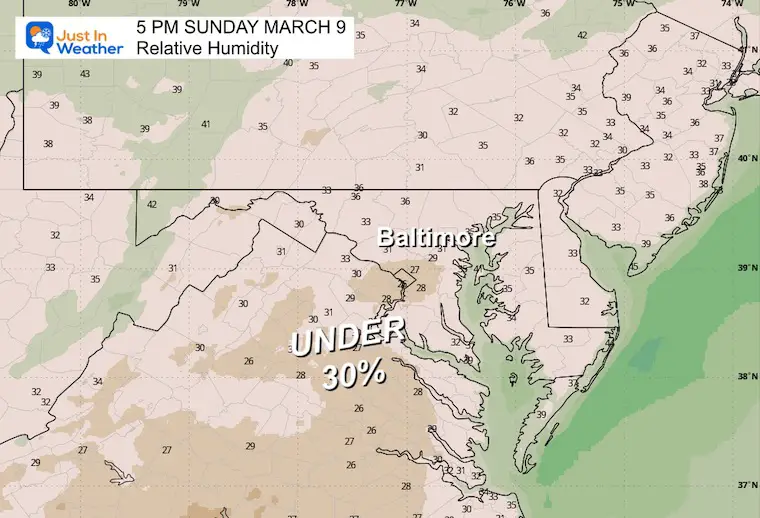 March 9 weather forecast humidity Sunday afternoon