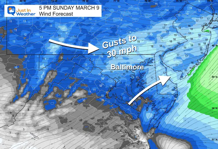 March 9 weather forecast wind Sunday afternoon