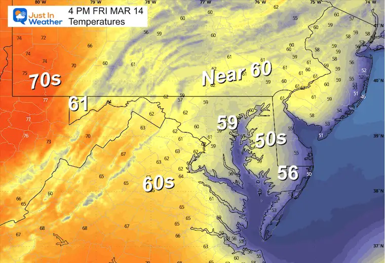 March 13 weather temperature forecast Friday afternoon