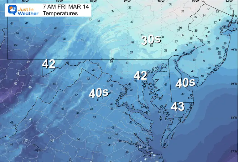 March 13 weather temperature forecast Thursday morning