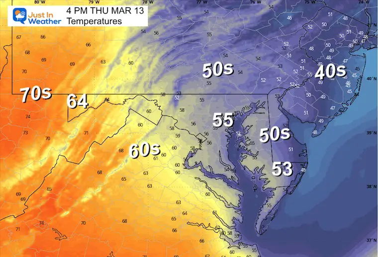 March 13 weather temperature forecast Thursday afternoon