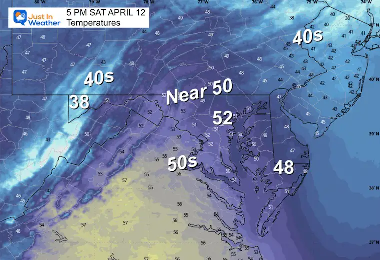 April 12 weather rain forecast temperatures Saturday afternoon