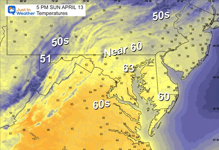 April 12 weather rain forecast temperatures Sunday afternoon