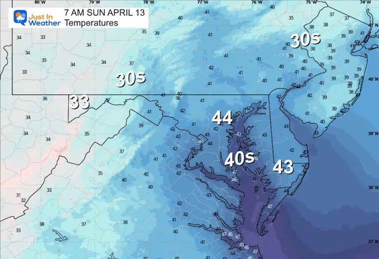 April 12 weather rain forecast temperatures Sunday morning