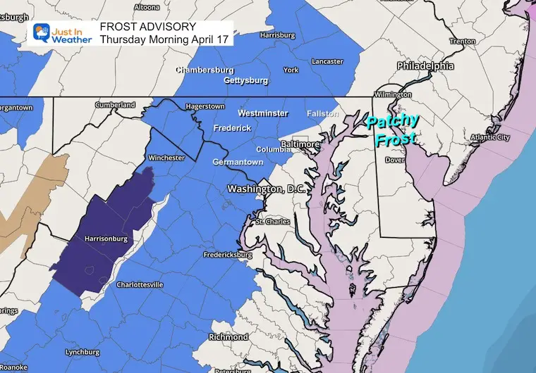 April 16 weather Frost Advisory Thursday morning