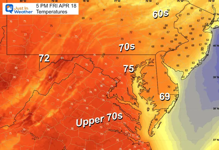 April 16 weather temperatures Friday afternoon