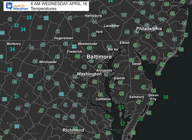 April 16 weather temperatures Wednesday morning