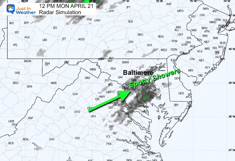 April 21 weather rain forecast Monday radar noon
