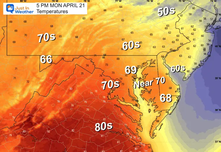 April 21 weather temperatures Monday afternoon
