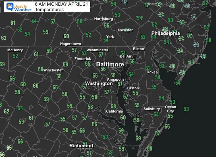 April 21 weather temperatures Monday morning