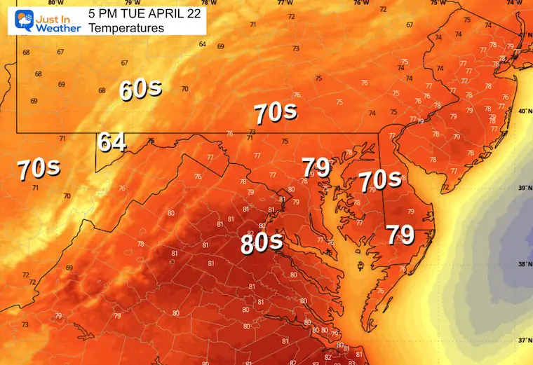 April 21 weather temperatures Tuesday afternoon