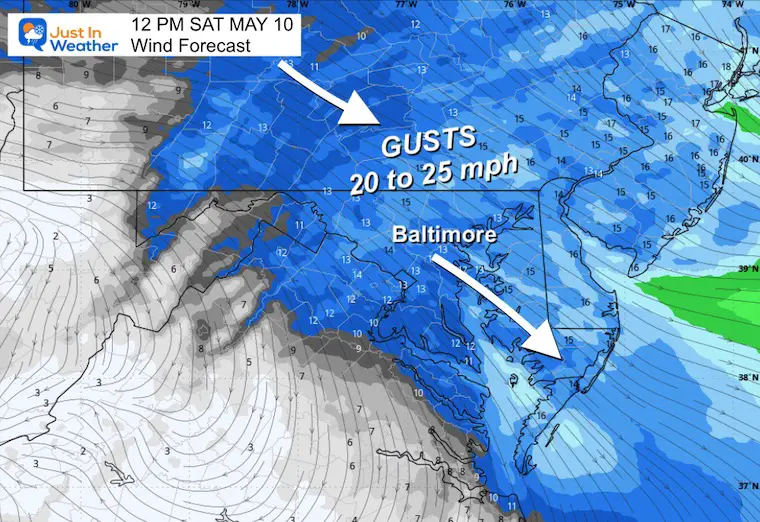 May 10 weather wind forecast Saturday noon