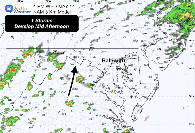 May 14 weather rain radar forecast Wednesday 4 PM