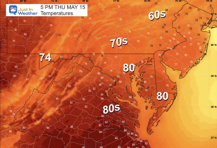 May 14 weather forecast temperatures Thursday afternoon
