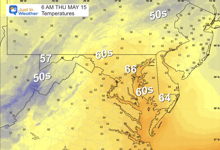 May 14 weather forecast temperatures Thursday morning