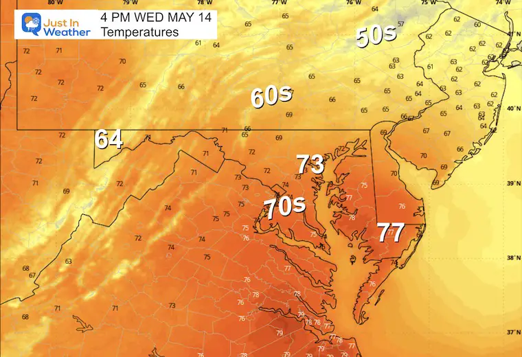May 14 weather forecast temperatures Wednesday afternoon