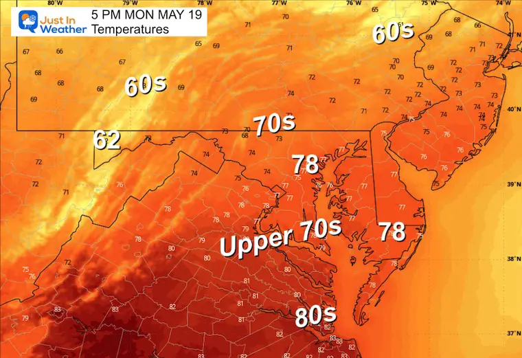May 18 weather temperatures Monday afternoon