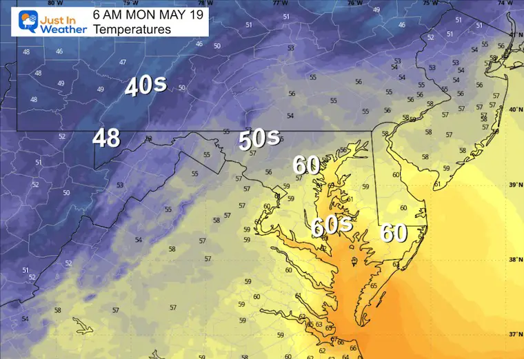 May 18 weather temperatures Monday morning