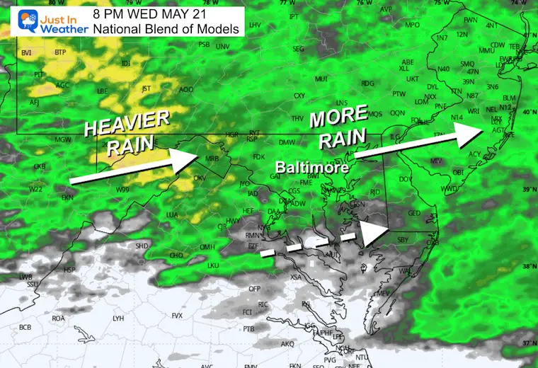 May 20 weather storm radar rain Wednesday evening NBM