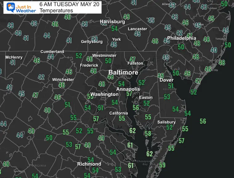 May 20 weather temperatures Tuesday morning