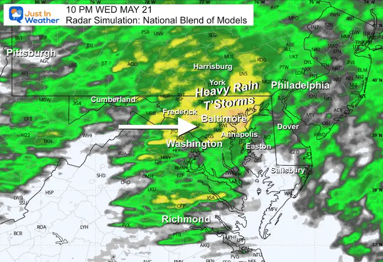 May 21 weather rain radar forecast Wednesday 10 PM