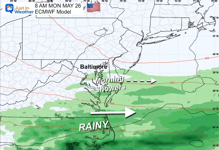 May 24 weather forecast rain Monday Memorial Day morning