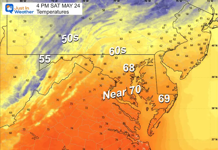 May 24 weather forecast temperatures Saturday afternoon