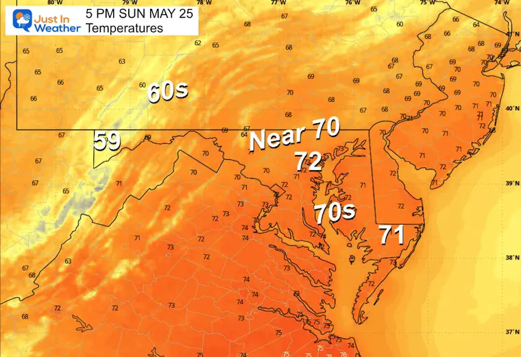 May 24 weather forecast temperatures Sunday afternoon
