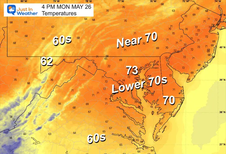 May 26 weather forecast temperatures Memorial Day Monday afternoon