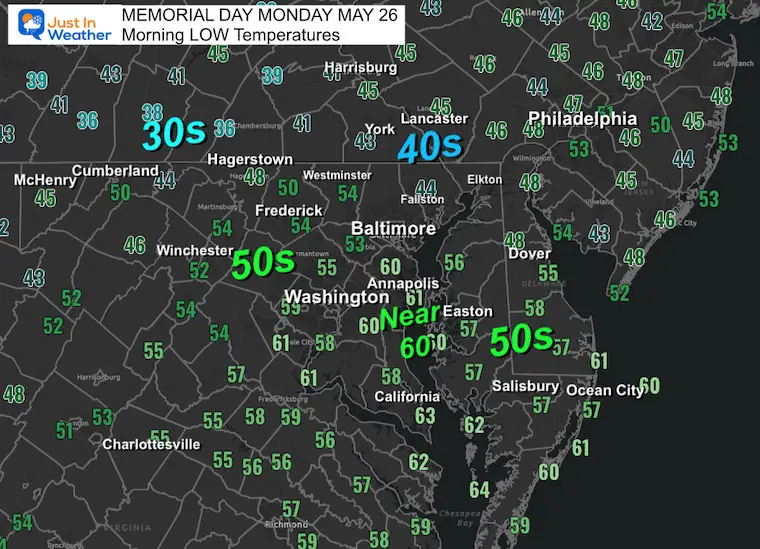 May 26 weather temperatures morning low Memorial Day Monday