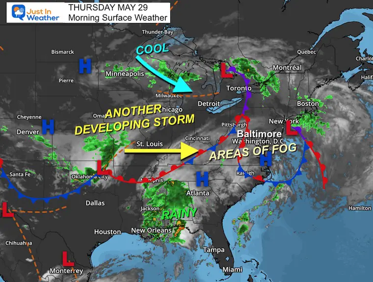 May 29 weather storm map rain Thursday morning