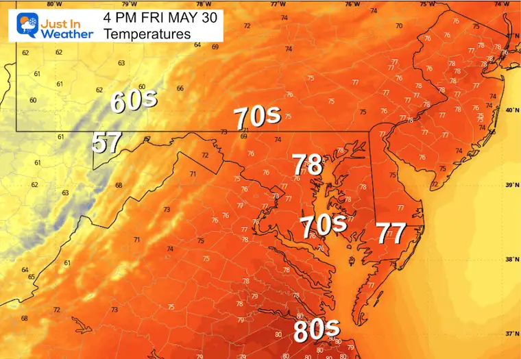 May 30 weather temperatures Friday afternoon