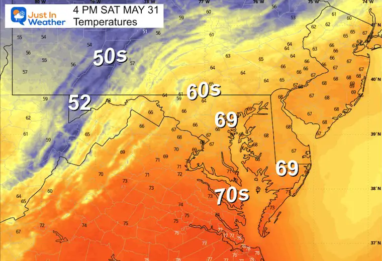 May 31 weather forecast temperature Saturday 4 PM