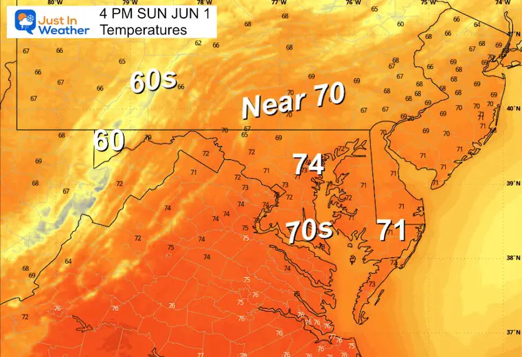 May 31 weather forecast temperature Sunday afternoon