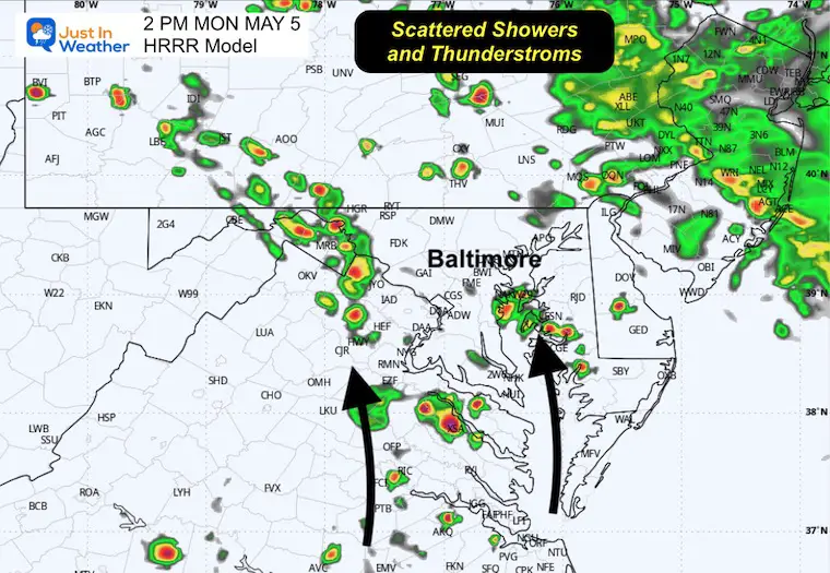 May 5 weather rain radar forecast Monday 2 PM