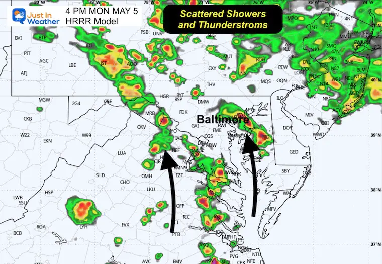 May 5 weather rain radar forecast Monday 4 PM